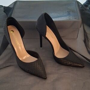 Black Croc-Embossed D'Orsay Stiletto Heels by BIGTREE